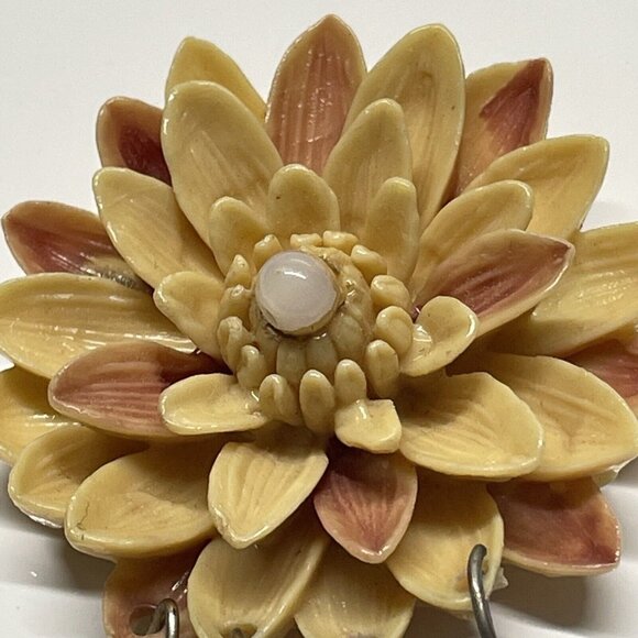 vintage Carved celluloid flower brooch dangle Beads Signed Handmade Aged 3D - Picture 11 of 14